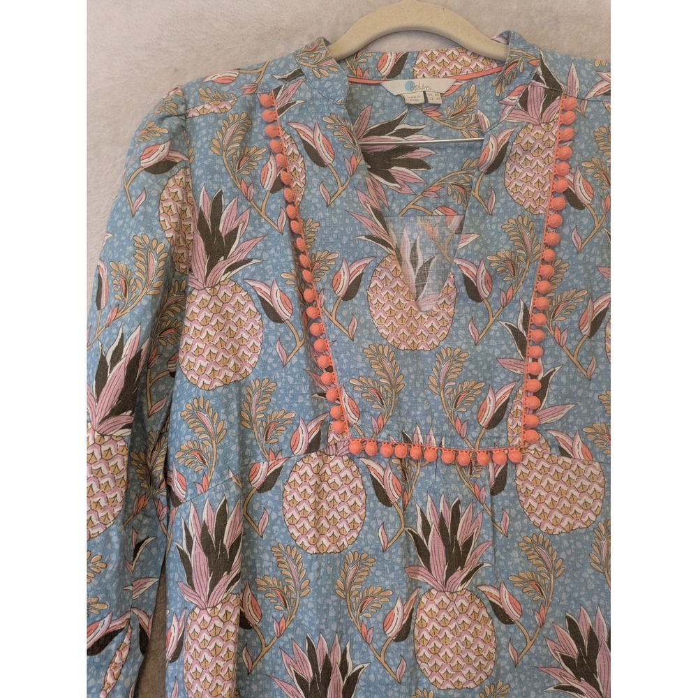 Boden Linen Pineapple Tunic Dress Women's 4R Blue Pink Pom Pom Trim - Picture 4 of 11